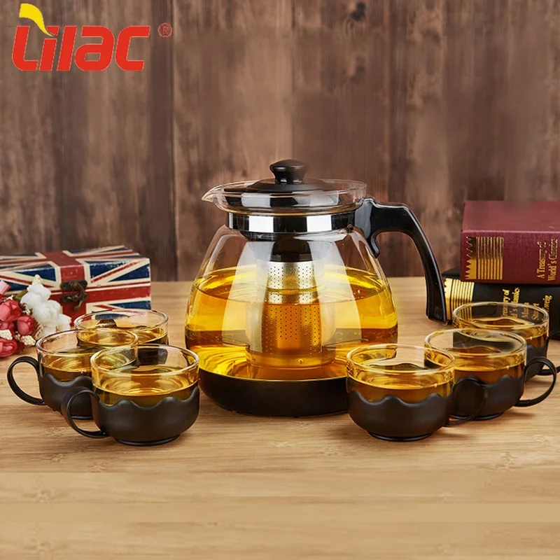 

Lilac FREE Sample 2300ml+150ml*6 promotional customized fashion special testing coffee cup pot supplies glass tea set branded, Black