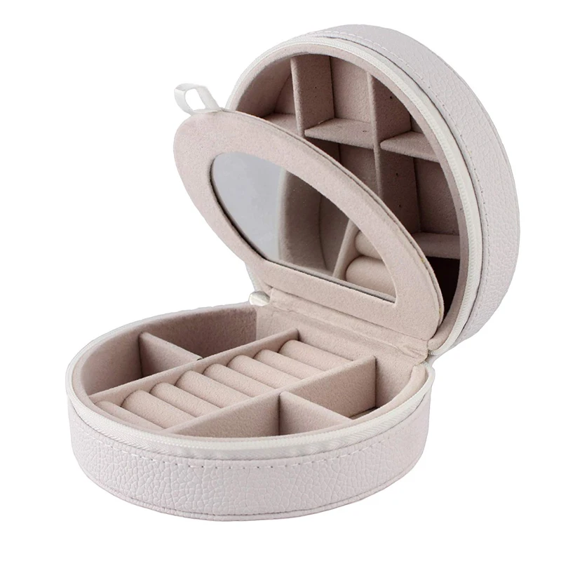 Wholesale fashion portable travel case organizer round leather jewelry storage box