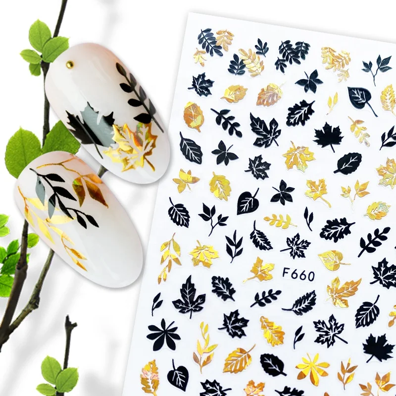 

2020 Fashionable Wholesale Nail Supplies Custom Leaf Designs Best Summer Nail Art Designs Sticker, Black+laser gold