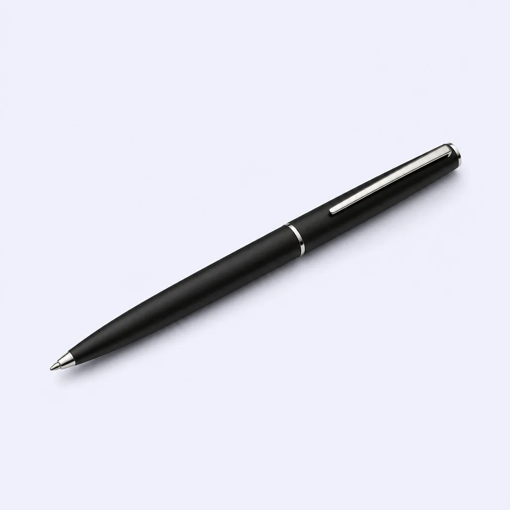 Matte black pen at a diagonal angle with polished silver accents