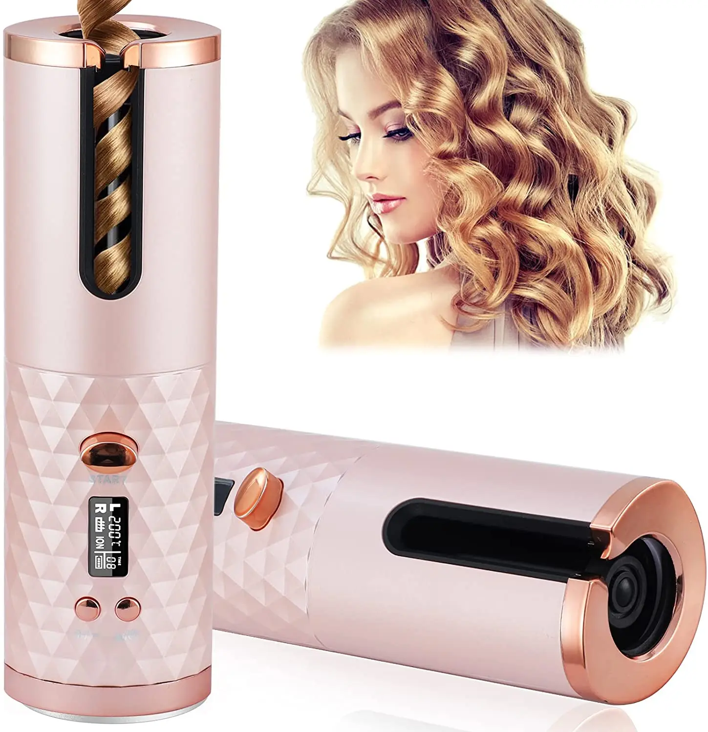 

Cordless Hair Curler Portable USB Rechargeable Waves Curling Iron Fast Heating Rotating Automatic Curling Iron, Black, white, pink