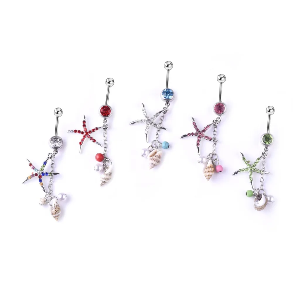 

Stainless steel diamond shell starfish belly button ring, As pic