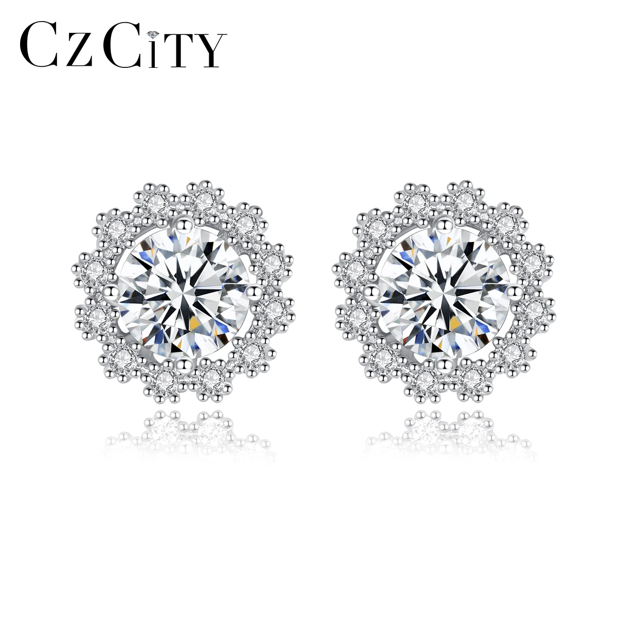 

CZCITY Luxury Bridal Wedding Moissanite Jewelry 925 Sterling Silver Shiny Moissanite Flower Stud Earrings