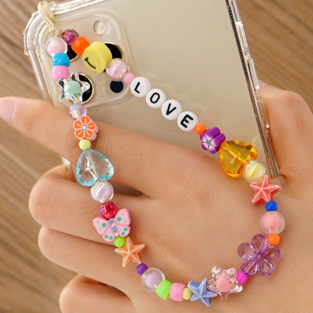 

Dvacaman Luxury Trendy Mobile Chain Pearl Colorful Crystal Phone Strap LOVE Handmade Butterfly Flower Wrist Phone Chain Holder