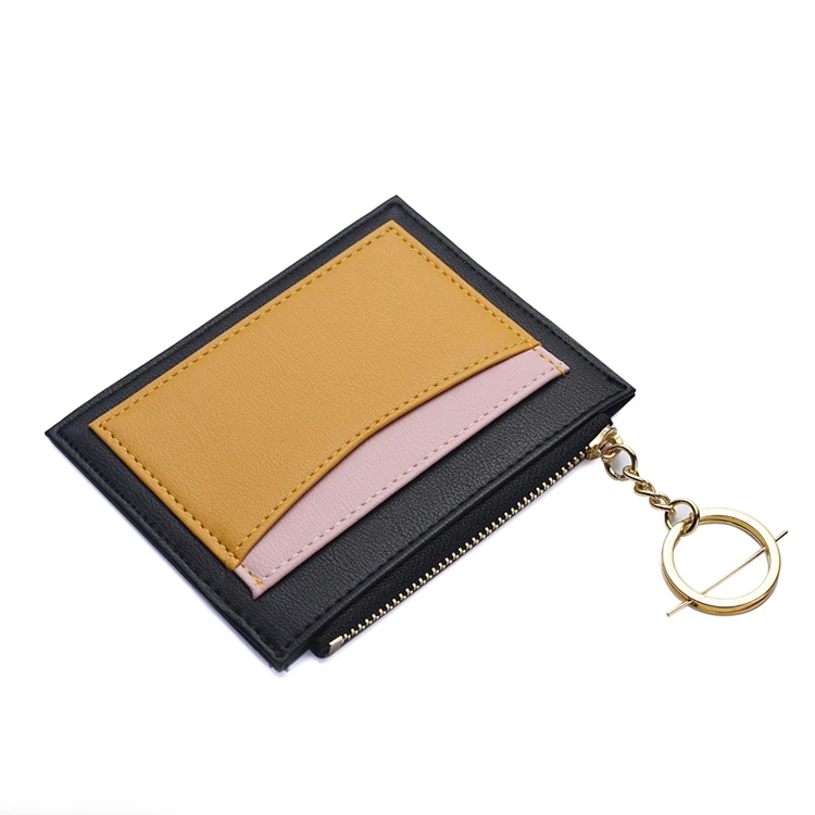 

Fashion Women Small Zipper Slim Card Holder Wallet Short Leather Coin Purse With Alloy Keychain, Black,orange,pink,brown