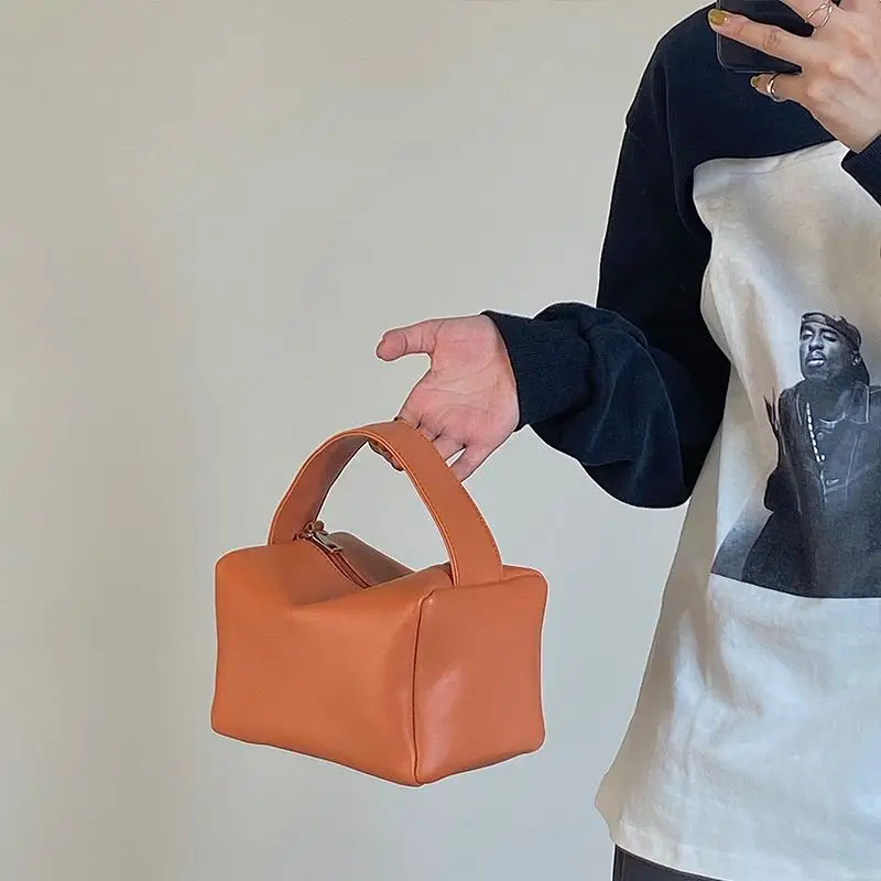 

Korean Niche Design The New Lychee Grain Orange Soft Leather Shoulder Bag Rectangle Makeup Handbag Women Tofu Bag