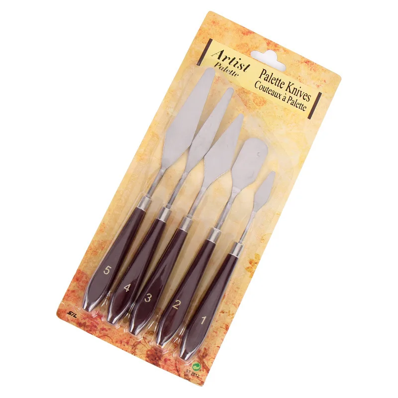 

Rts Hot Sale Stainless Steel 5pcs Spatula Palette Knife Art Supplies Painting Wood Handle Paint Color Mixing