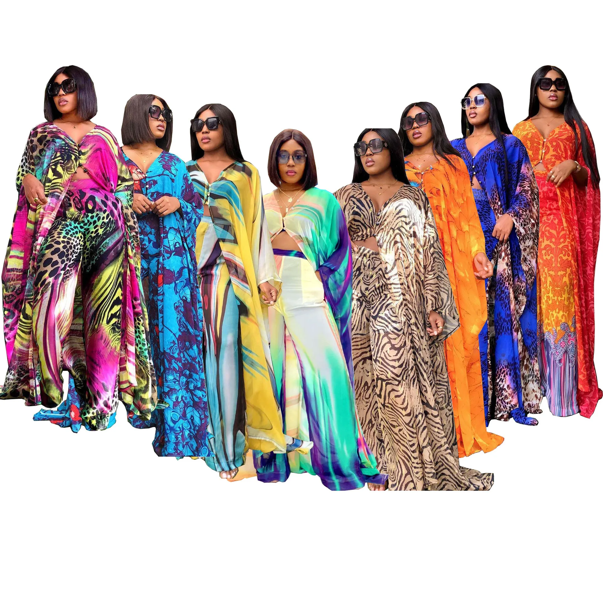 

2021 Top Fashion African Dresses For Women Two Piece Sets Chiffon Print Long Abaya+Loose Pants Set Suit Vestidos