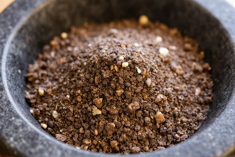 Close-up of freshly ground black pepper and sea salt mixture in mortar and pestle
