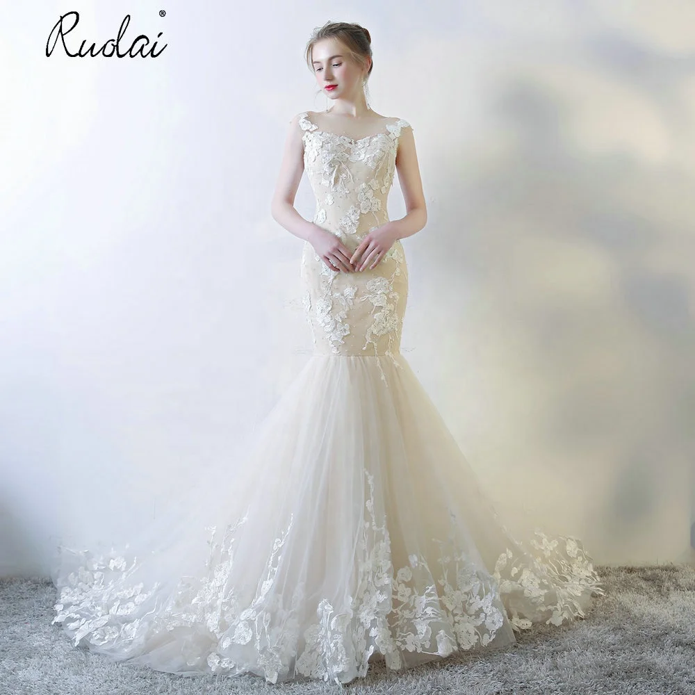 

PWD-H1140 Spaghetti Straps Illusion Backless Appliqued Bridal Dress Lace Beading Tulle Mermaid Wedding Gowns, Custom made