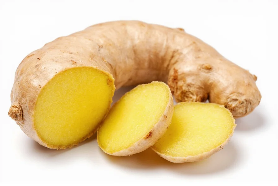 Fresh ginger root sliced open showing fibrous interior and golden color