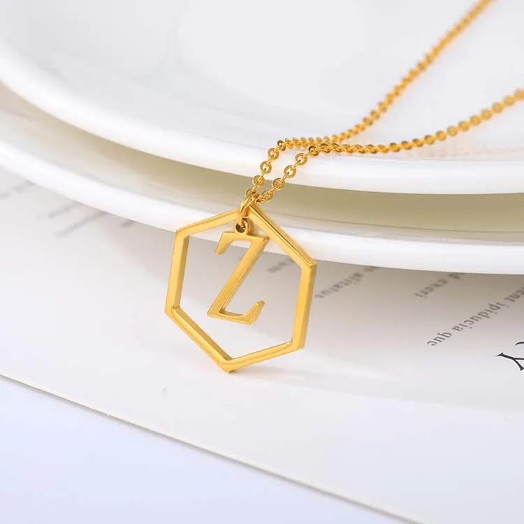 

Fashion 2021 Women Hexagon Initial Necklace Jewelry Necklace Letter Pendant Gold plated Stainless Steel Alphabet Necklace, Gold, silver, rose gold