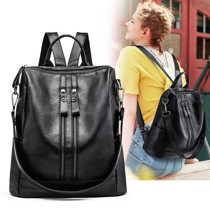 

2021 Luxury vintage female antitheft back pack bags women fashion backpack leather in vegan, Black