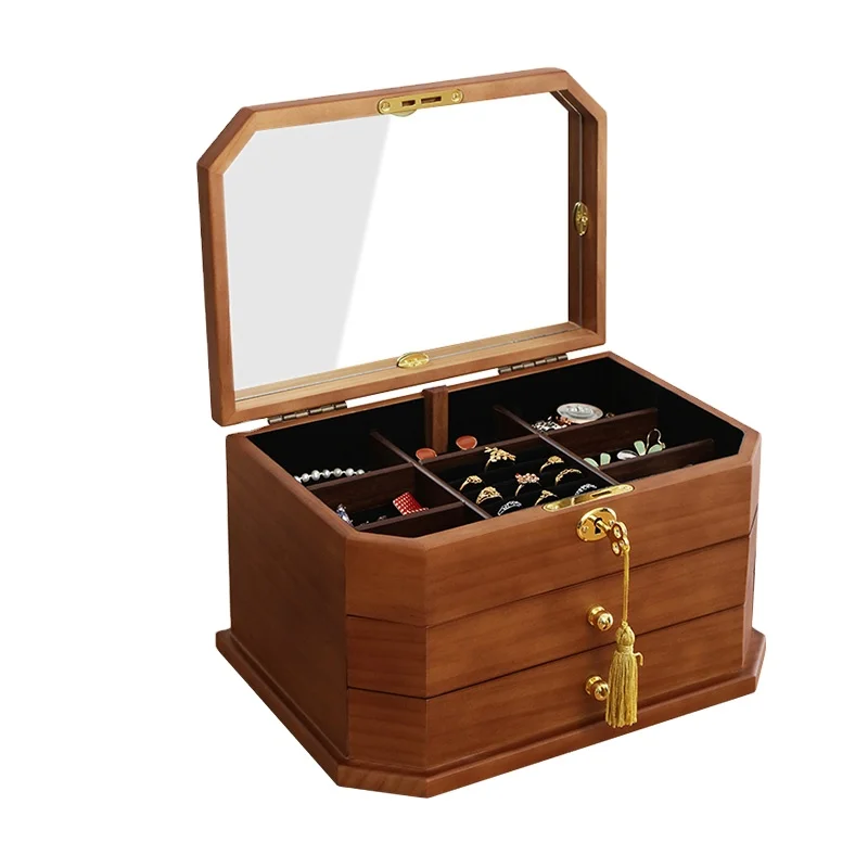 

Pine full extraction layer velveteen three layer full lock necklaces jewelry box, Brown