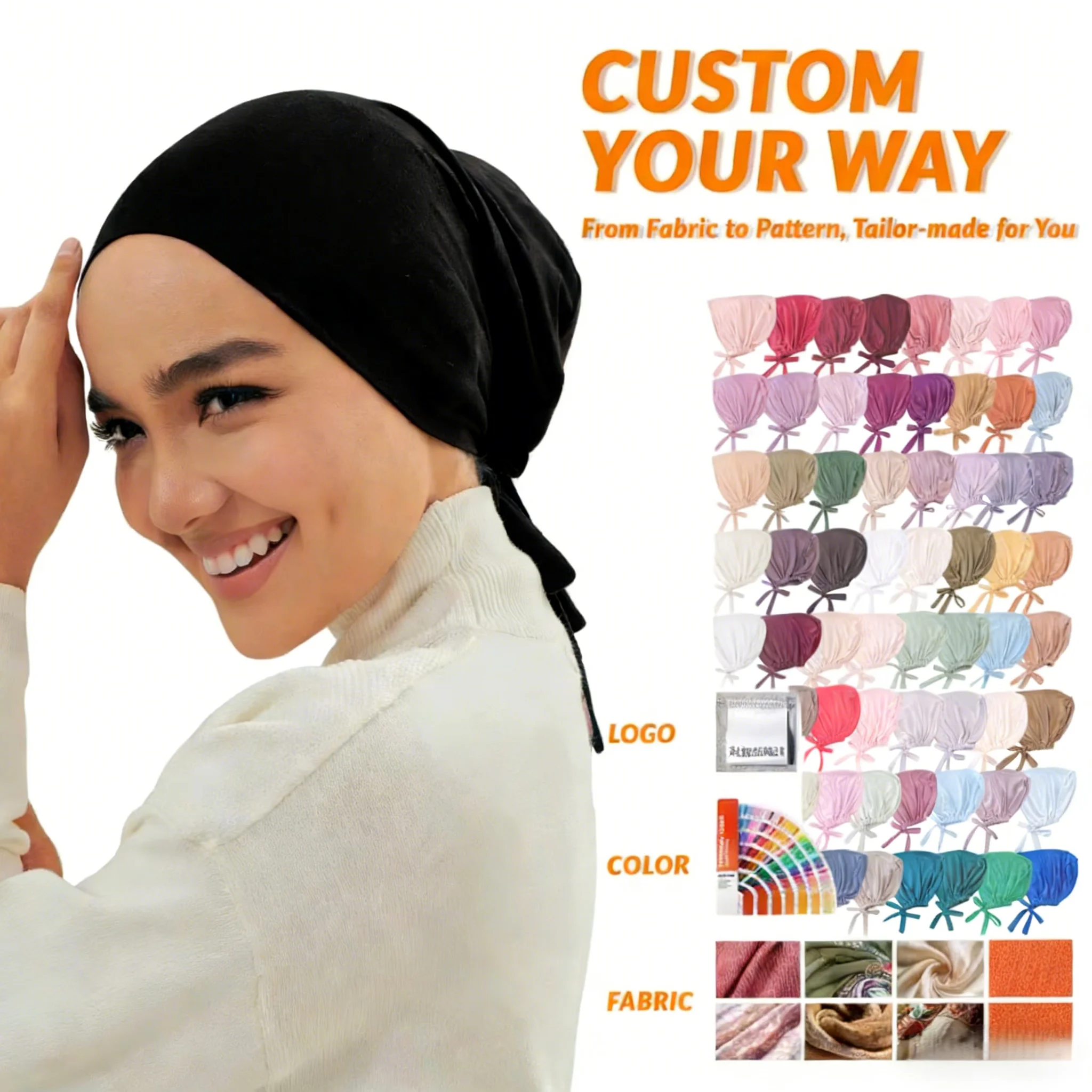 Women's 64-Color Strap Base Cap Hot Selling Ethnic Scarf Solid Color Mercerized Cotton Inner Cap for Muslim Department