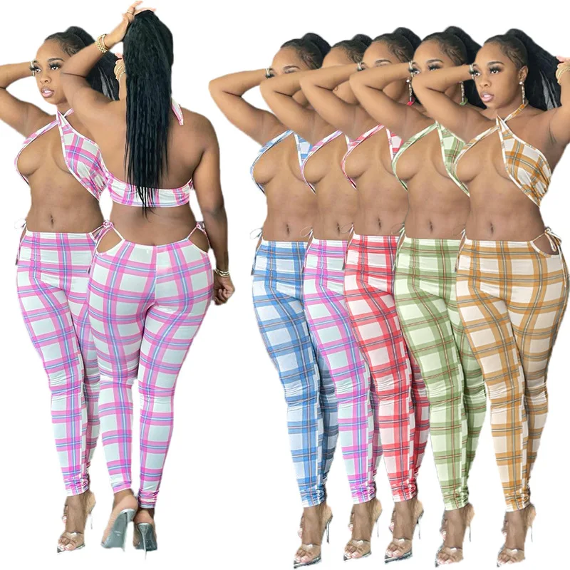 

2021 Summer Cross Halter Top Bandage Pants lattice Print Sexy 2 Piece Set Women