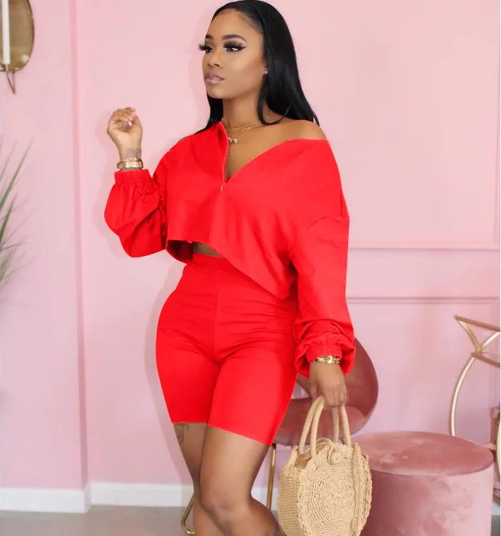 

Trendy 2020 Matching Set V Neck Long Sleeve Top Women Clothing Two Piece Outfit Solid 2 Piece Short Pants Sets, Orange,yellow,red,pink,black,fluorescent green