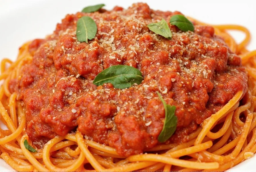 Bowl of spaghetti with red sauce, cheese, and herbs on a wooden table