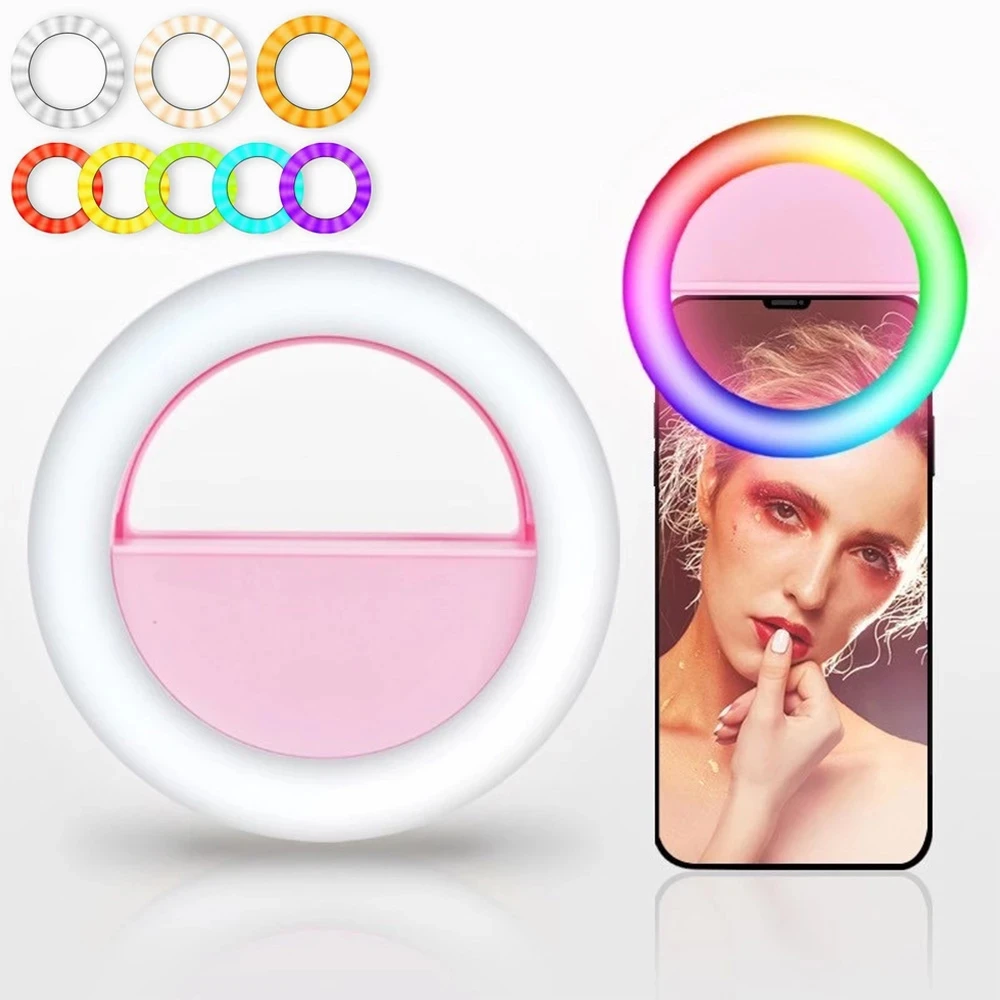 

Rechargeable RGB LED Ring Mobile Phone Clip-on Selfie Ring Flash Lens Brightness Fill Light Lamp For Smartphone Light