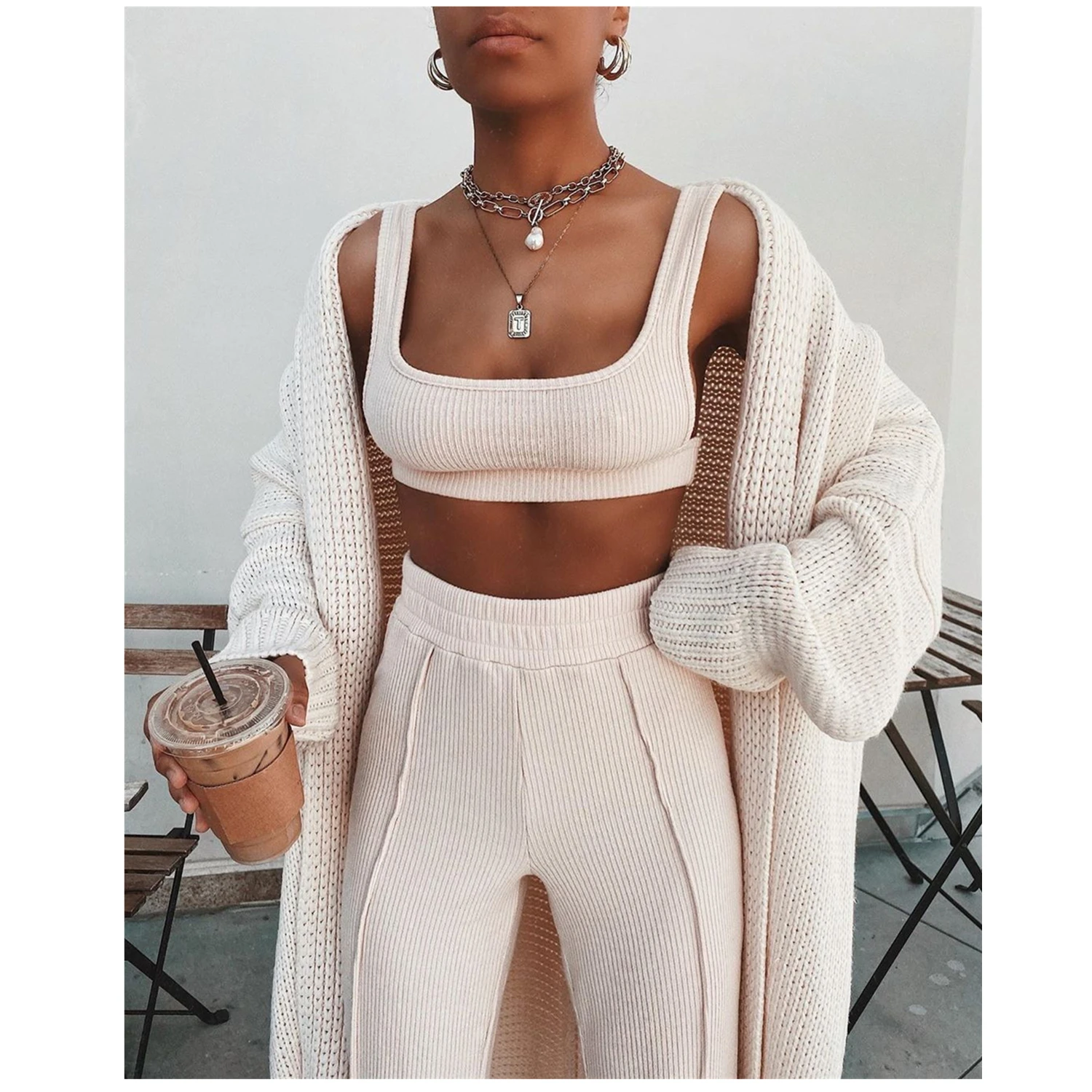 

2020 Fashion Yoga Suit Knitting Leisure Hang Striped Vest and Pants Sexy 2 Piece Set women summer tracksuits, White, pink