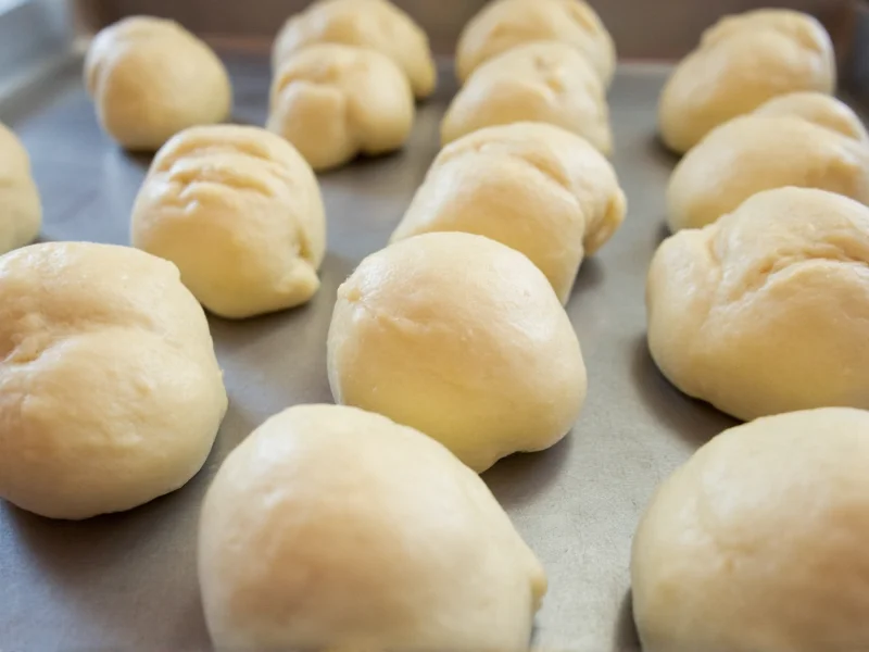 Homemade rolls dough balls in baking pan