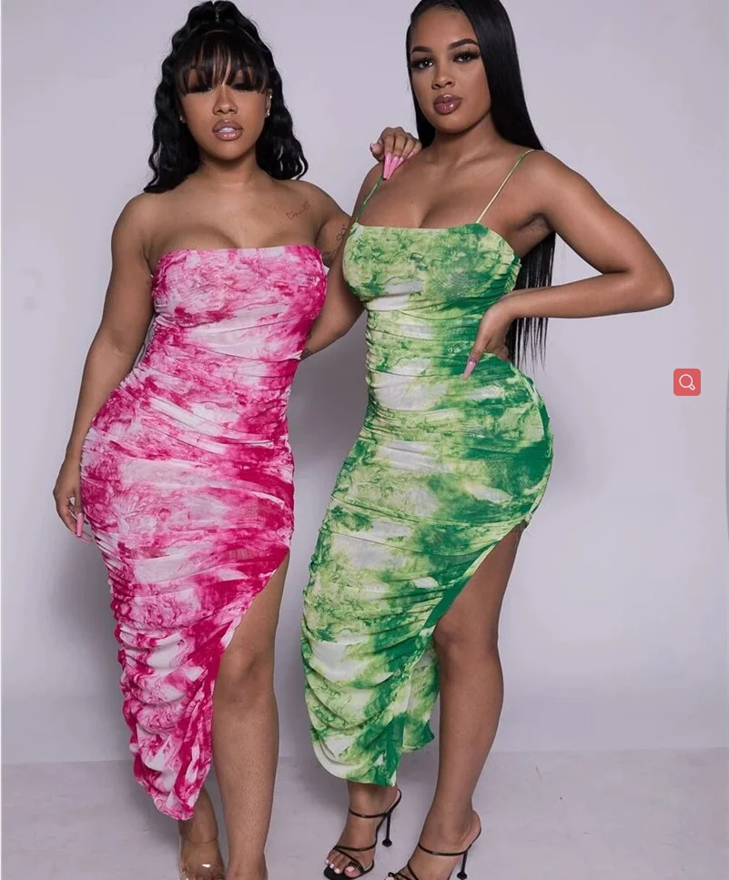 

D3801 Custom Label Women Maxi Tie Dye Split Slip Dresses