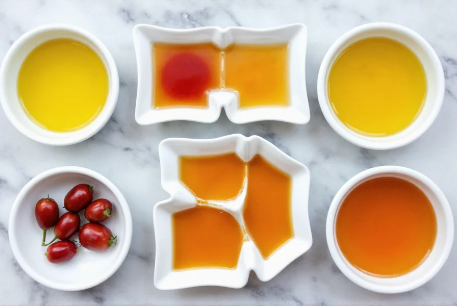 Various chili oil substitutes arranged in small bowls on marble surface