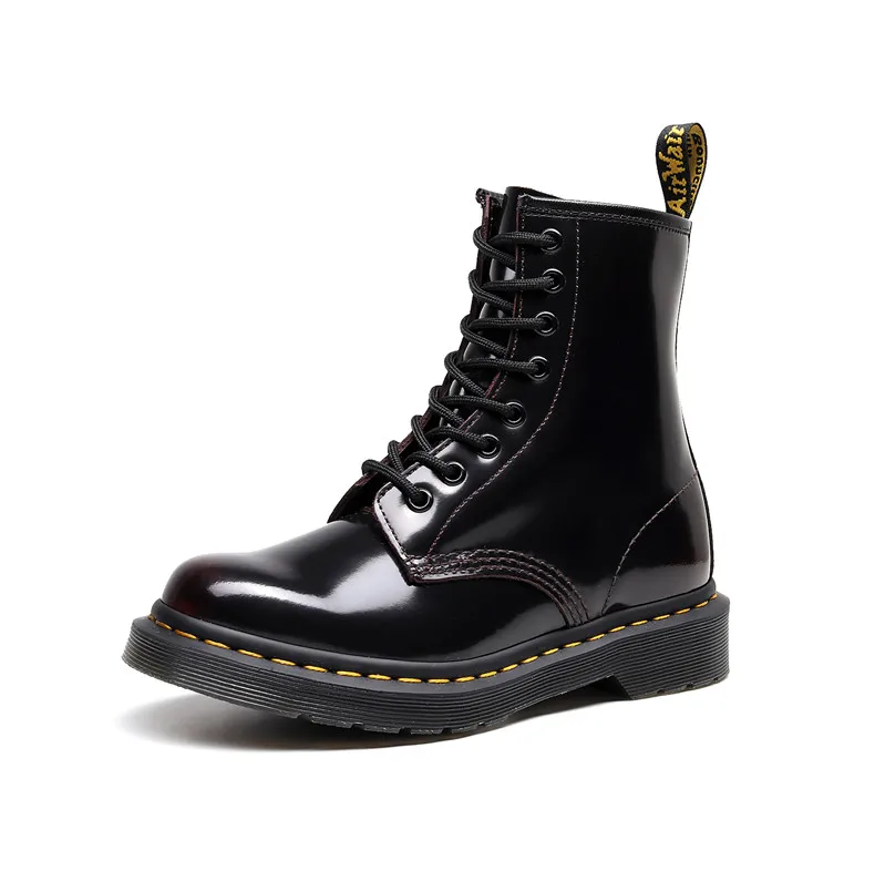 

New Leather Thick Soled Black Boots Women Patent Leather All-match Round Toe Short Boots