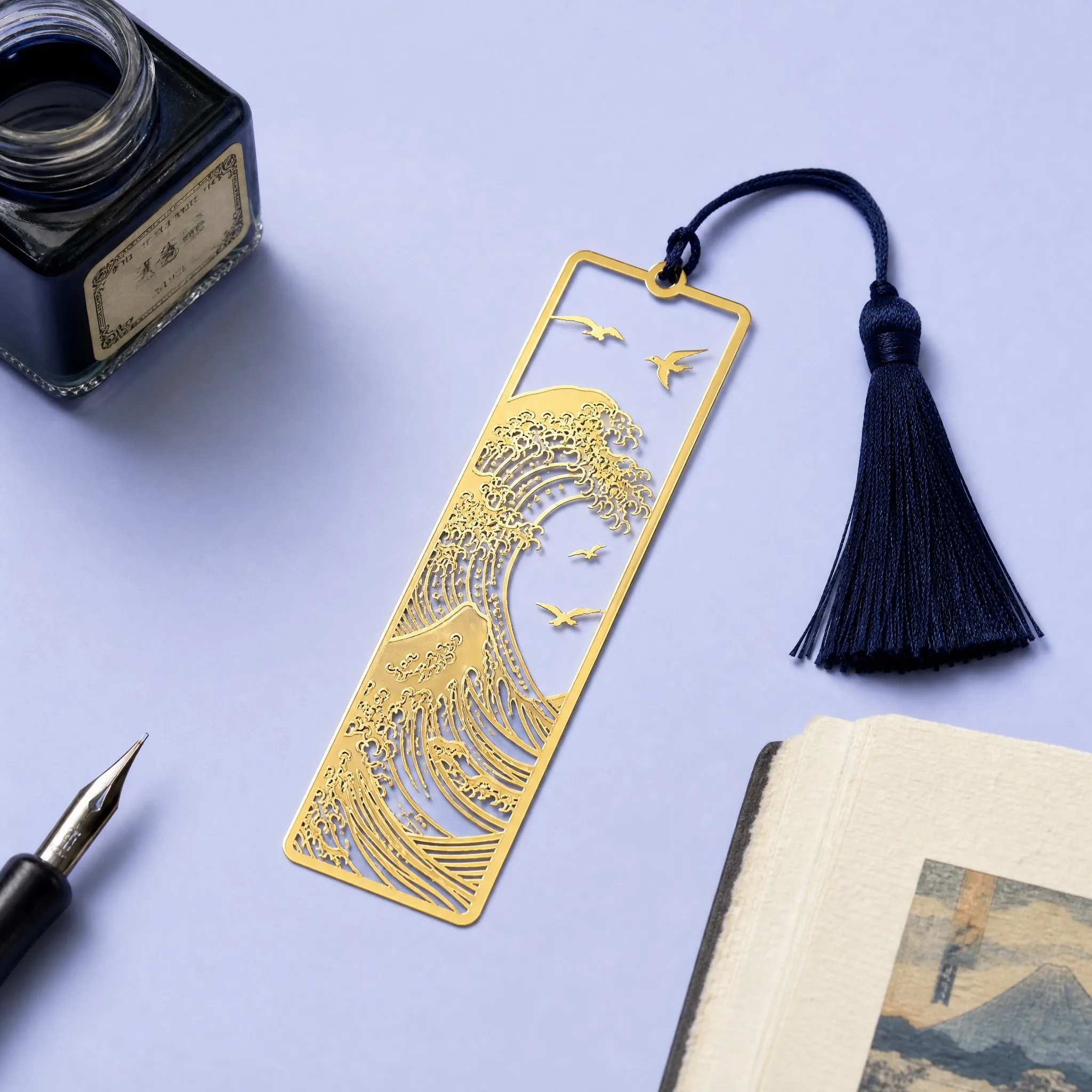 Custom The Great Wave off Kanagawa Hollow Brass Bookmark with Navy Tassel