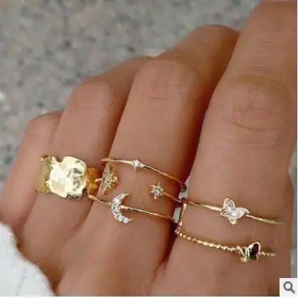 

New Fashion Diamond Butterfly Star Moon Finger Ring Set 6 Piece Set CZ Butterfly Stacking Star Moon Ring Set