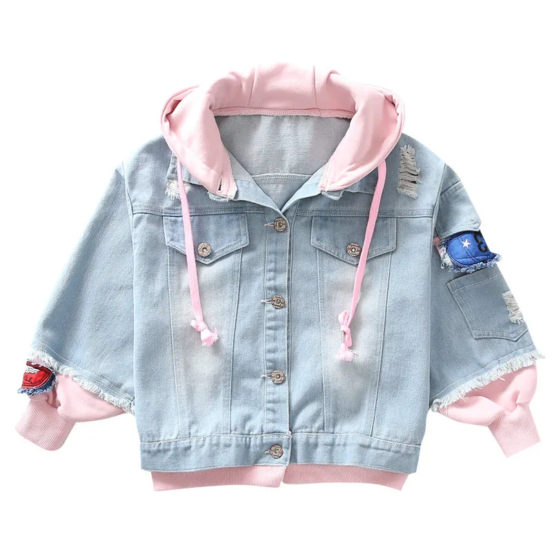 

Hip hop patchwork children boutique clothing long sleeve hooded washed denim jacket girls coats, As picture show