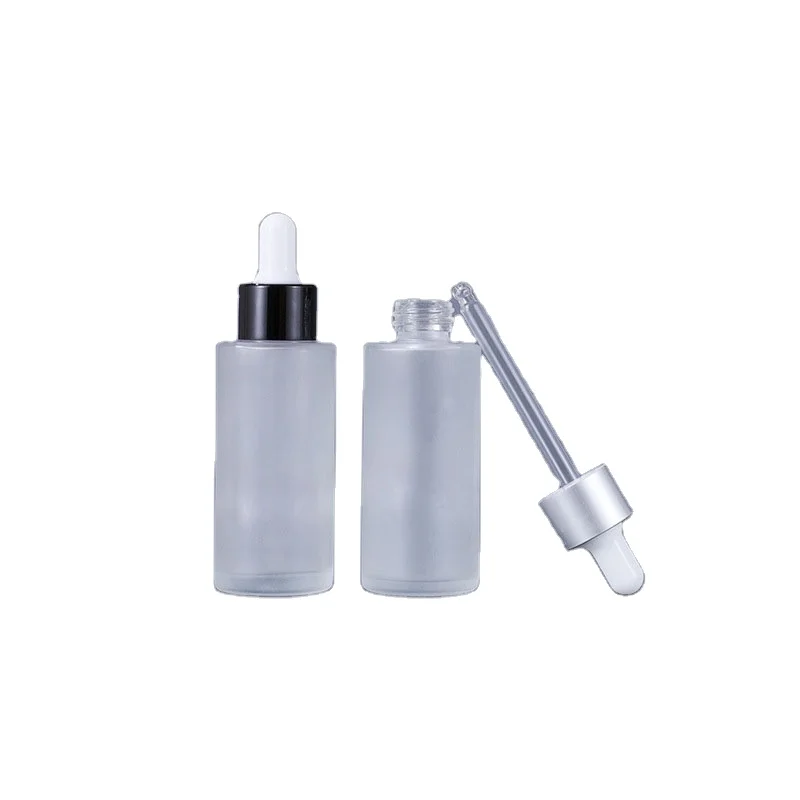 

Hot selling frosted glass dropper bottles 30ml with black lid essential oil cosmetic glass bottle