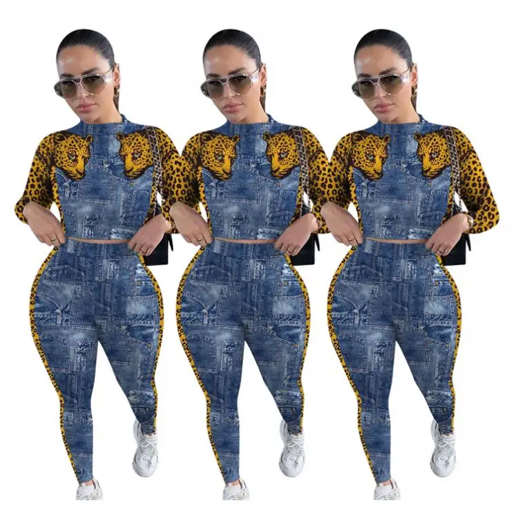 

Lowest Price Denim Style Leopard Printed Long Sleeve 2 Piece Set Women Lady Top And Pants Womens Sets Clothing