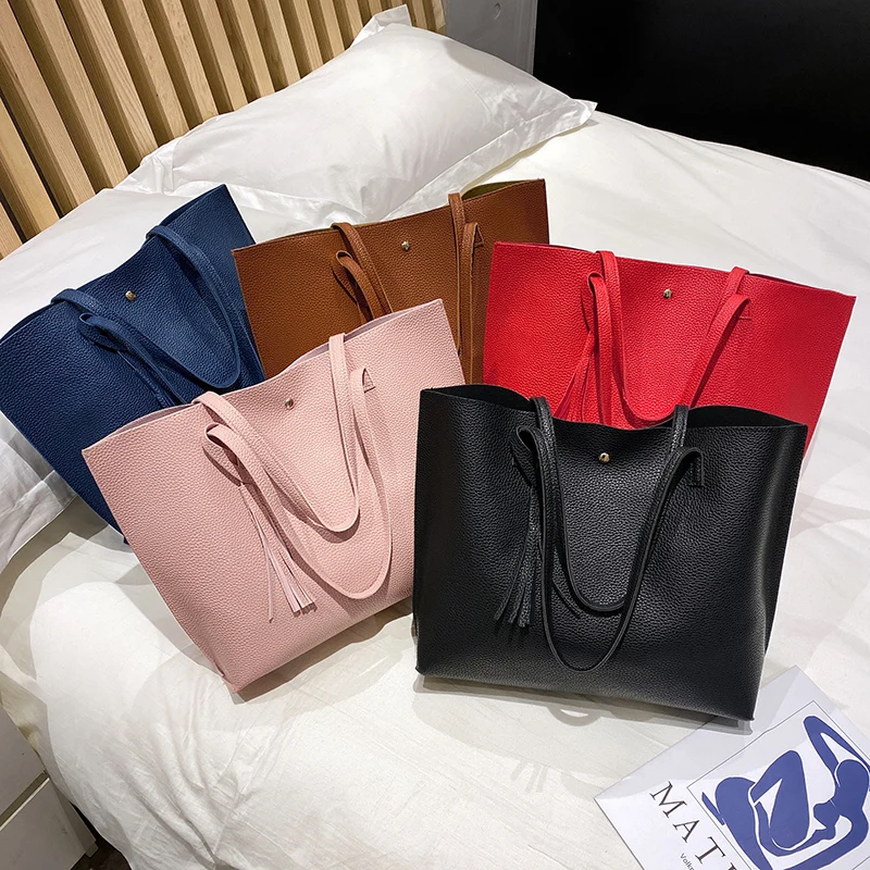 

wholesale luxury Lychee pattern Tassel ladies big tote bag women hand bags girl travel Big shopping pattern shoulder handbag set