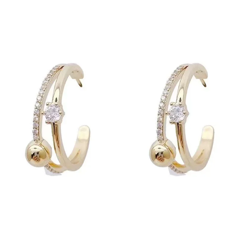 

S925 silver needle zircon copper beads Double Row C- ring earrings women's small elegant niche advanced ear studs