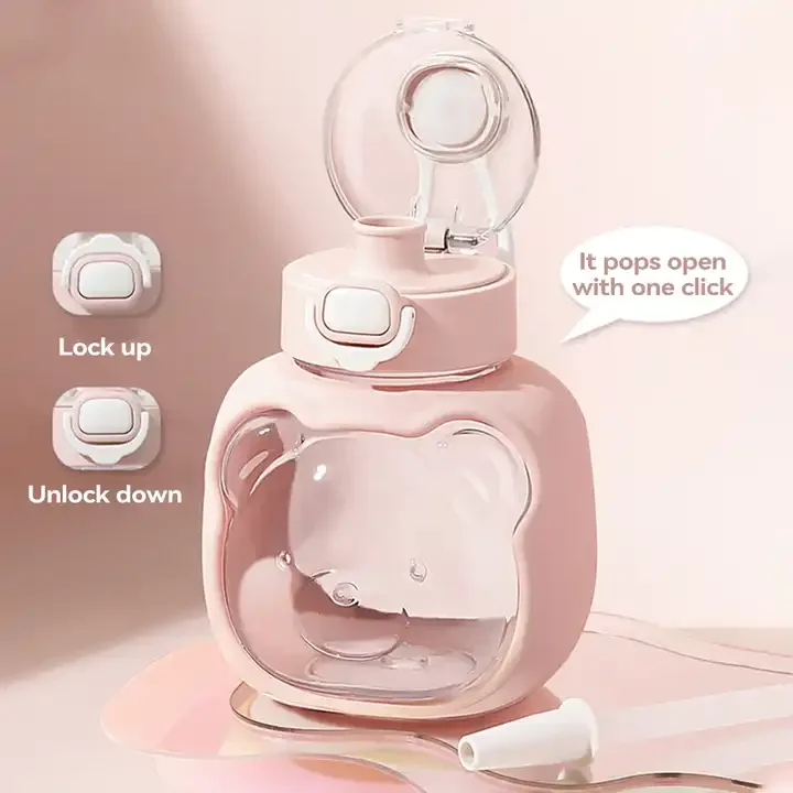 

C474 New Design Plastic Water Bottle Big Capacity Portable Sports Drink Cup Cartoon Cute Bear Water Mug With Cover And Straw