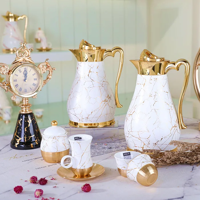 

Arabian style royal white golden porcelain dallah pot cawa cup set glass liner vacuum coffee jug gift arabic tea set, Mix
