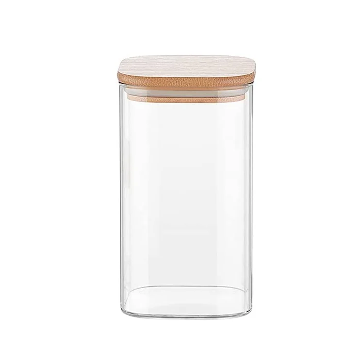 

Custom Blown Pyrex Heat Resistant Square Borosilicate Glass Storage Bottle Jar and Bamboo Lids, Transparent