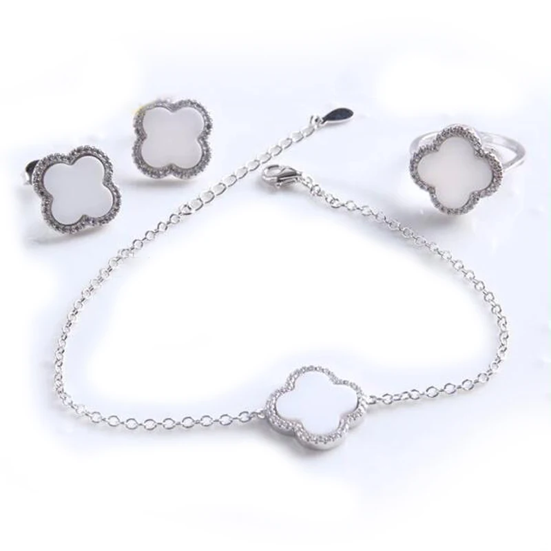 

four leaf clover ring bracelet necklace earring china wholesale 925 silver jewelry set, Picture
