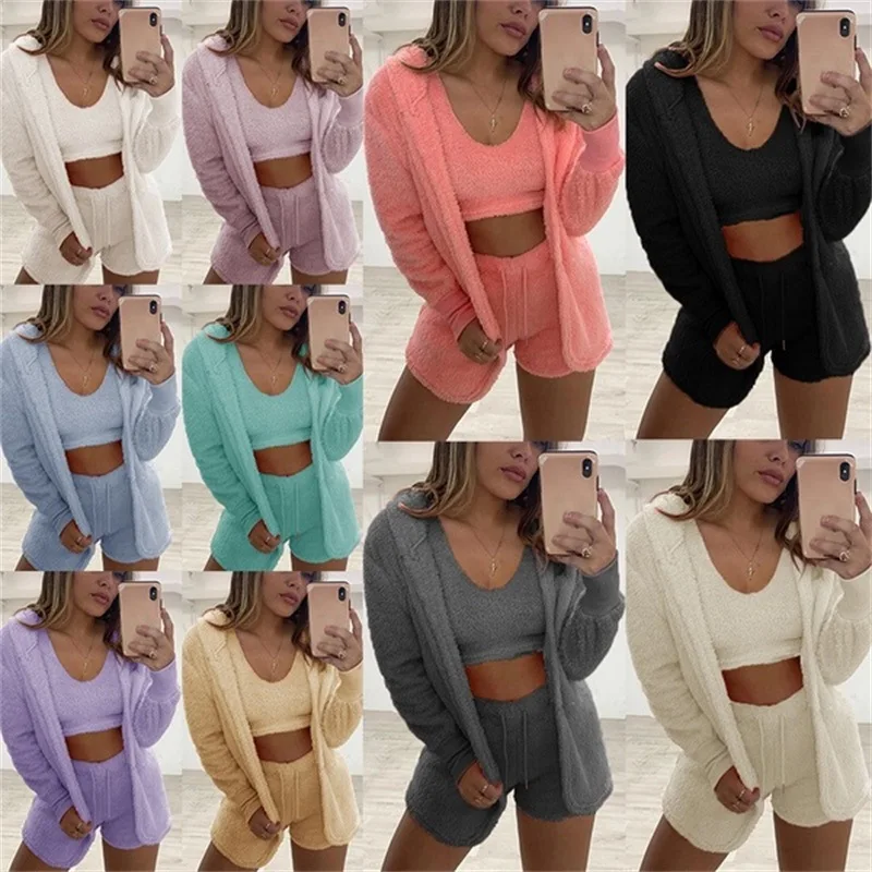 

soild color casual Fuzzy Fleece Open Front Hooded Cardigan Crop Top Shorts Set Loungewear velour lady tracksuit 3 piece set