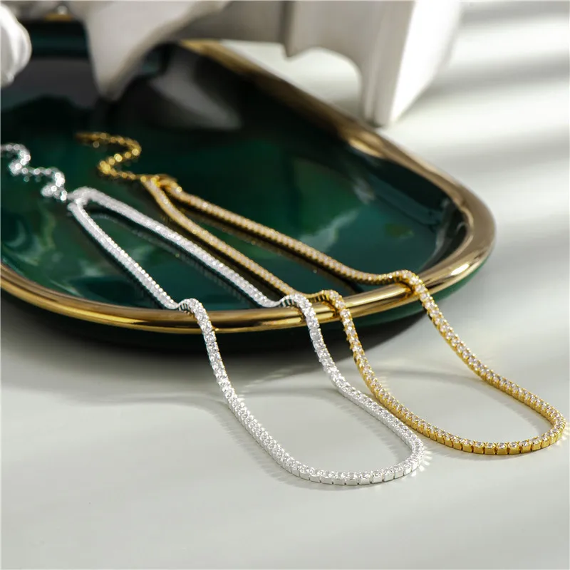 

Shining S925 Sterling Silver Cubic Zircon Tennis Chain Necklace 18K Gold Plated 925 Silver Single Row Zirconia Stone Necklace
