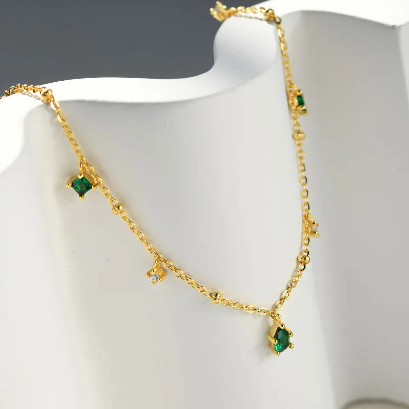 

Vintage 18k Gold Plated Emerald S925 Necklace 925 Sterling Silver Tassel Crystal Emerald Choker Necklace