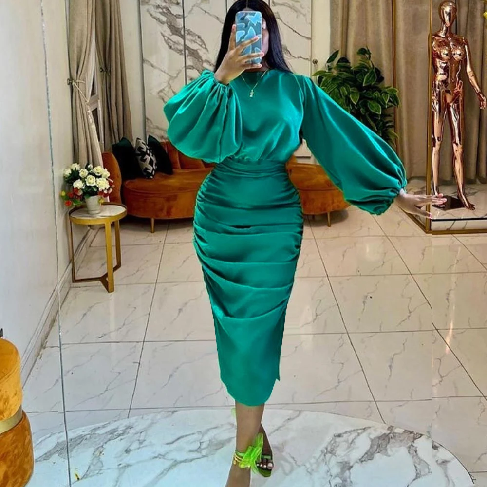 

Long Sleeve Green Satin Folds Elegant Big Size Women's Career Dresses Shiny