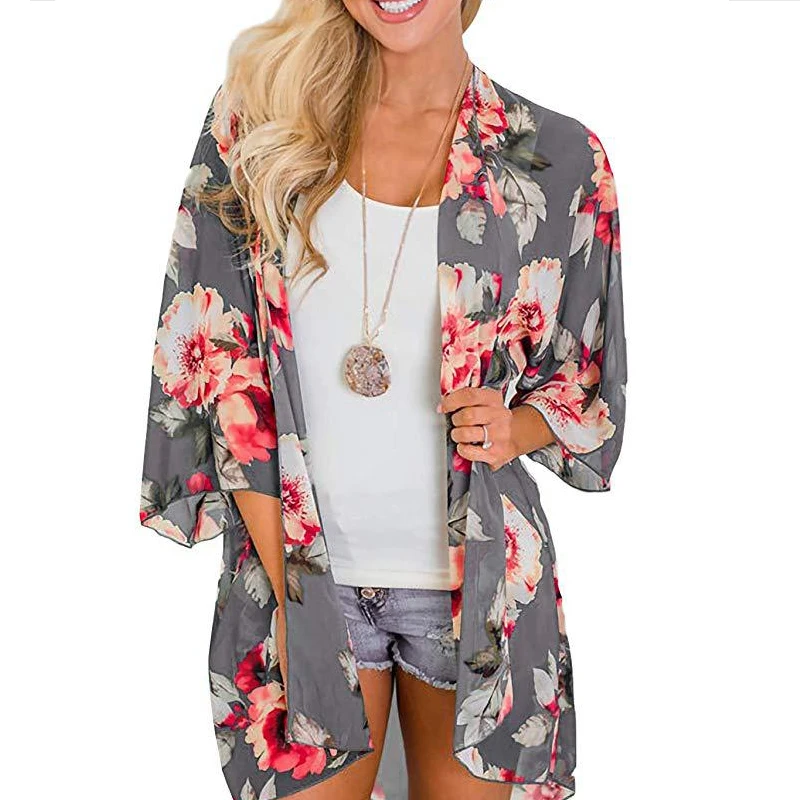 

Women Casual Floral Short Sleeve Shawl Chiffon Kimono Cover Up Blouse Top Boho Cardigan Vintage Floral Print Blouse kimono