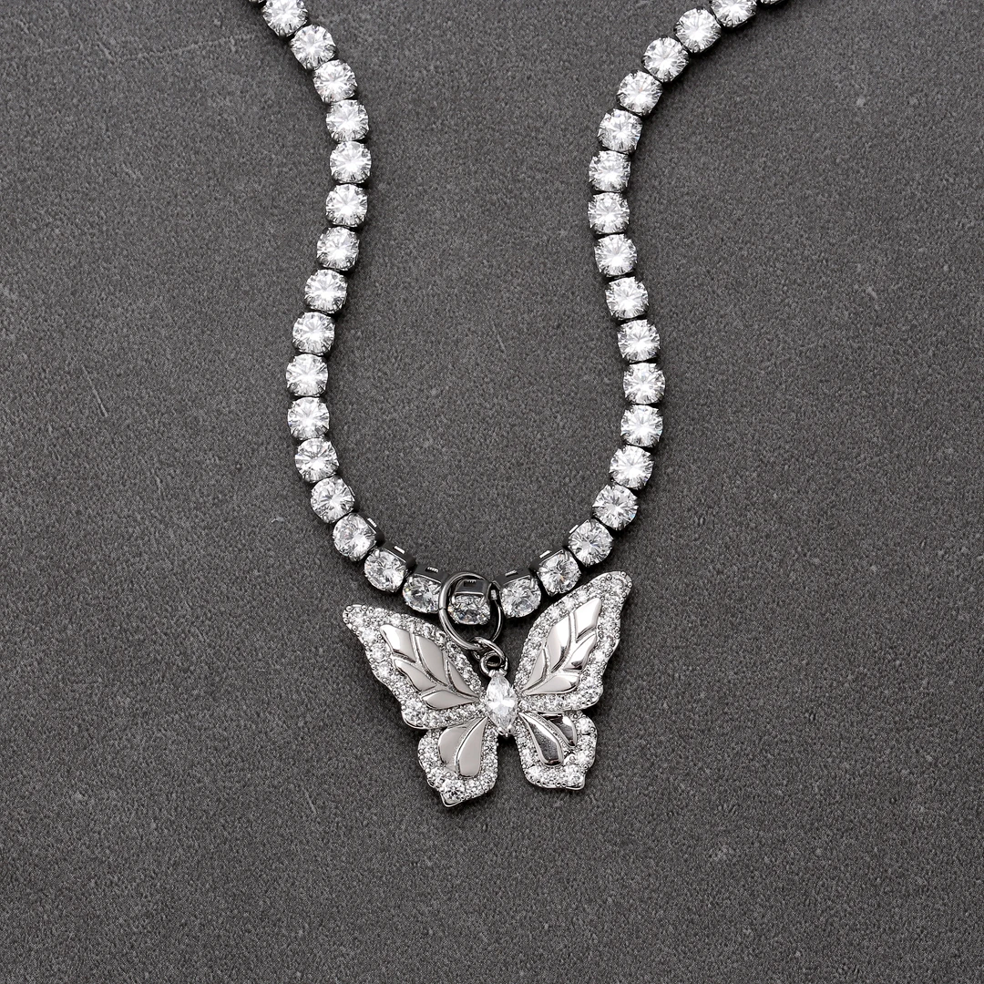 

High Quality KRKC Wholesale CZ Iced Butterfly Pendant Chain 14k Gold Plated Diamond Bling Butterfly Necklace Jewelry Custom