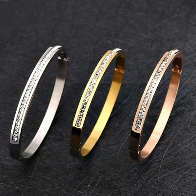 

Korean fashion titanium steel full diamond square zirconium bracelet stainless steel oval opening buckle bracelet jewelry