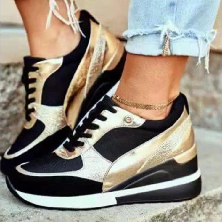 

Wholesale Ladies Womens Black Platform Chunky Running Sneakers Casual Sport Shoe, Black, gold