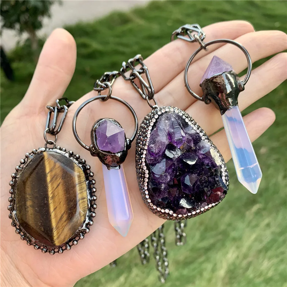 

BD-B1626 Gun Balck Electroplated Pendant Amethyst Druzy Tiger Eye Stone Necklace Raw Quartz Gemstone Necklace