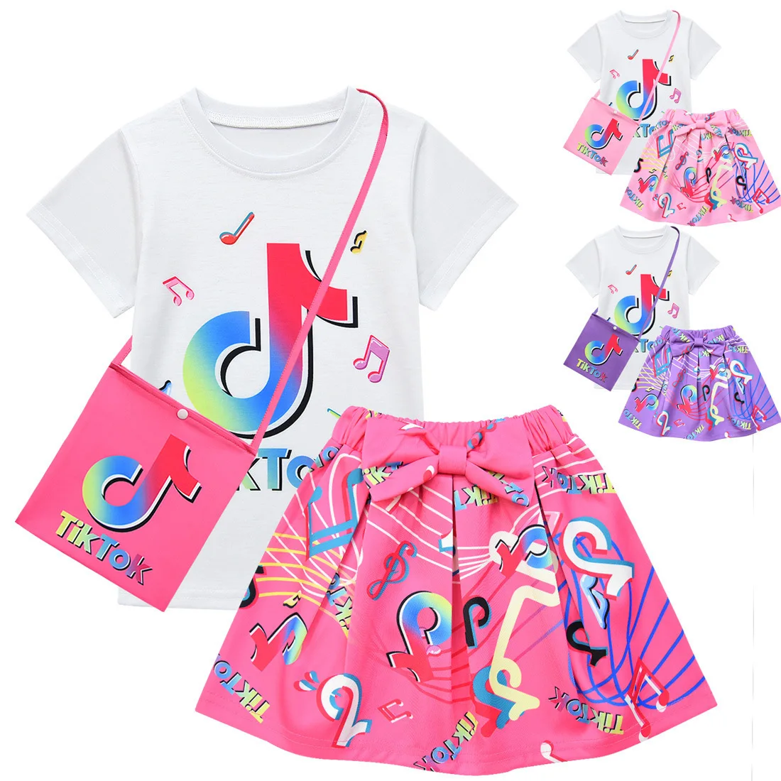 

Popular TikTok children's suit three-piece short-sleeved skirt bag clothes sets baby girls kid beautiful model dress, As pictures