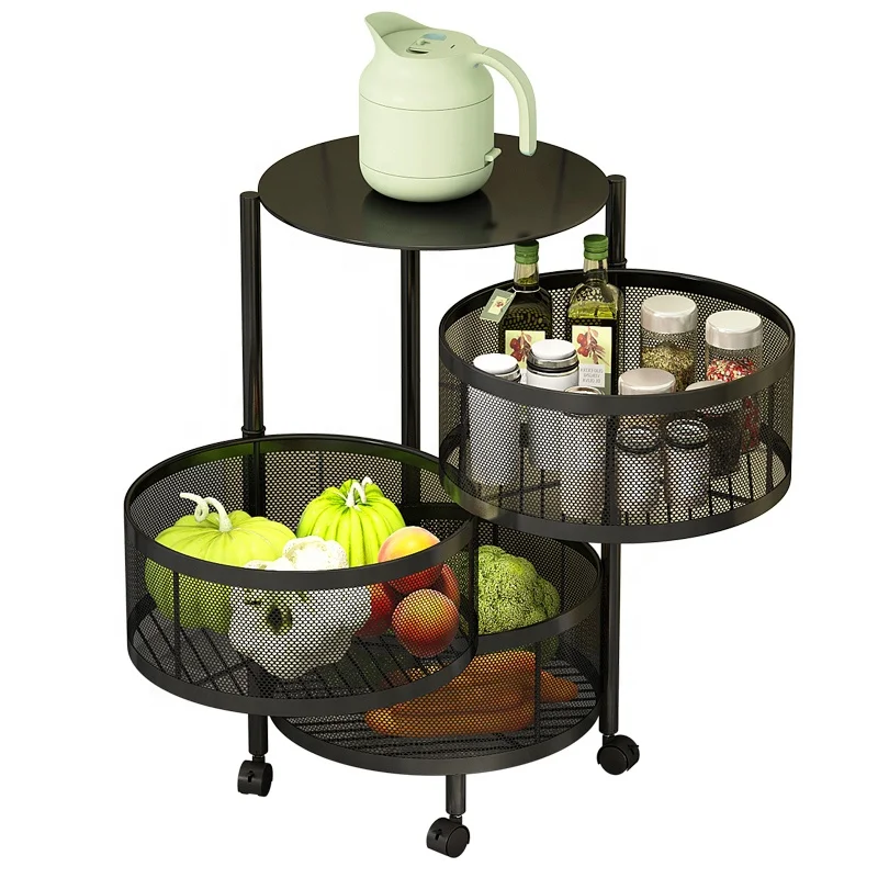 

New Household Multi-finctional Metal Iron Rotatable Black Round Cylindrical 3 Layers Fruit Basket Storage Rack with Wheels